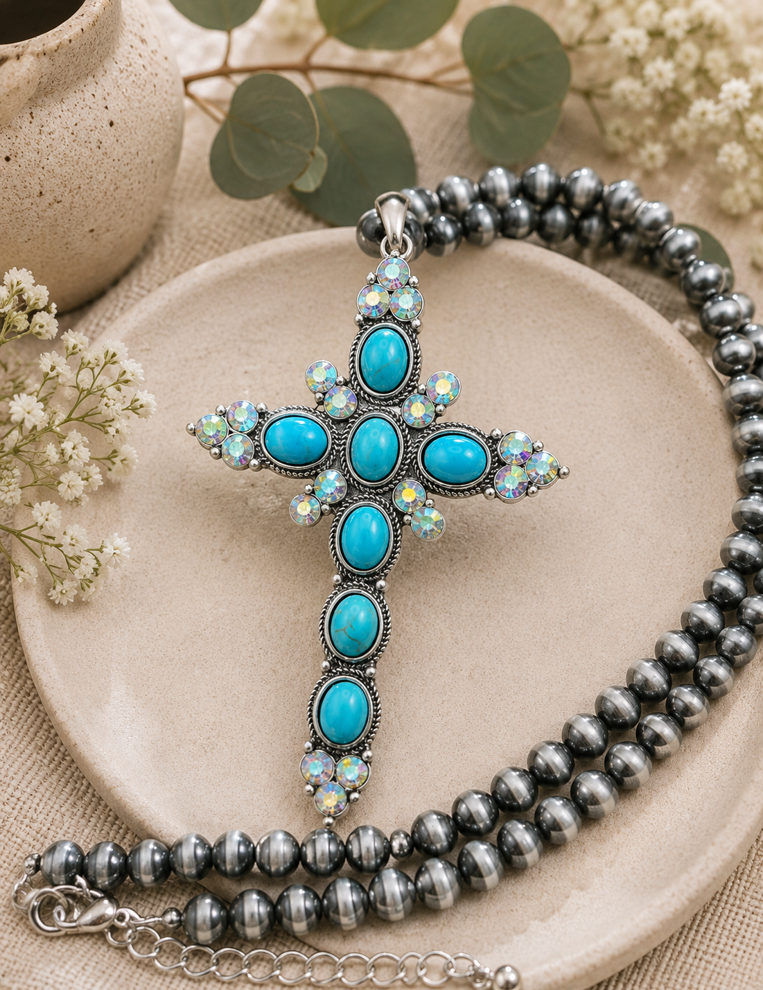 Necklace: Large Faith and Turquoise Cross