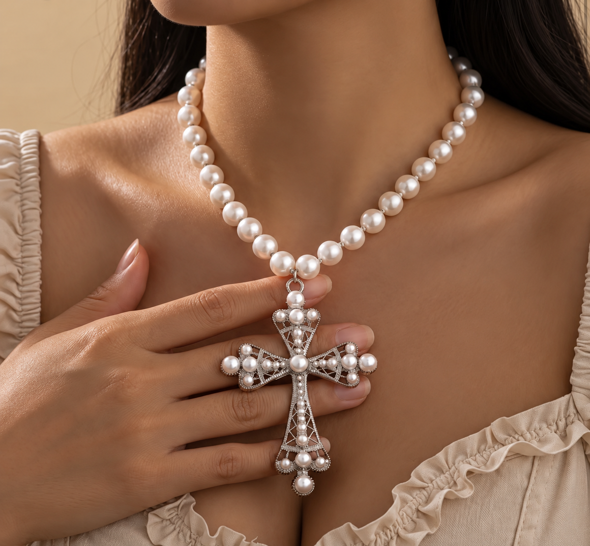 Necklace: Pearl Cross Statement