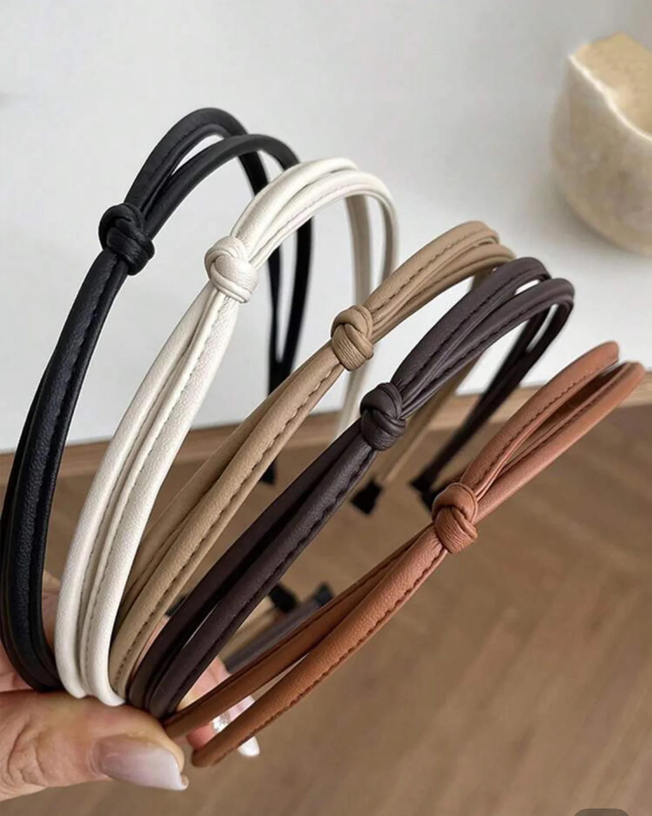 Dainty Thin Leather Knotted Headband – Various Neutral Colors