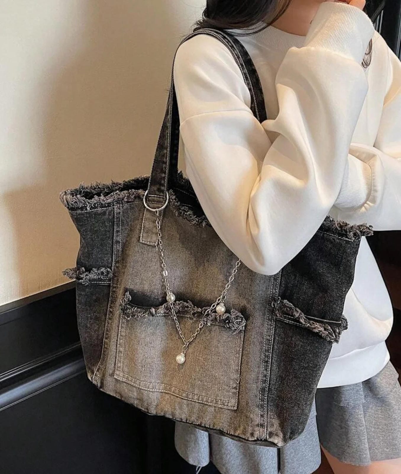 Large Distressed Denim Tote – Fashion Street Style with Chain & Pearls