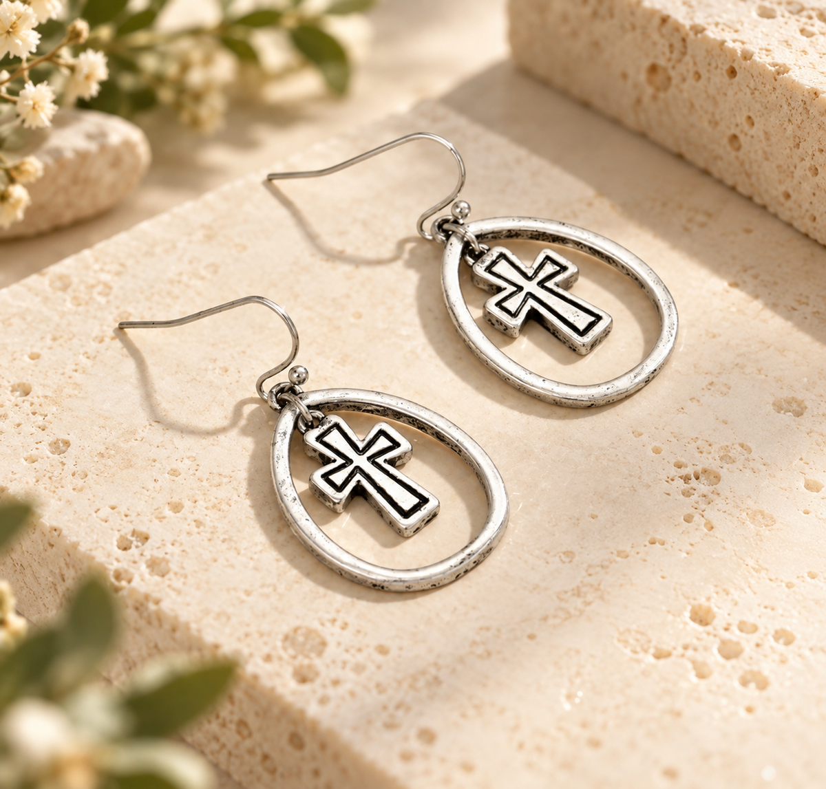 Earring:  Silver Cross Teardrop Dangle