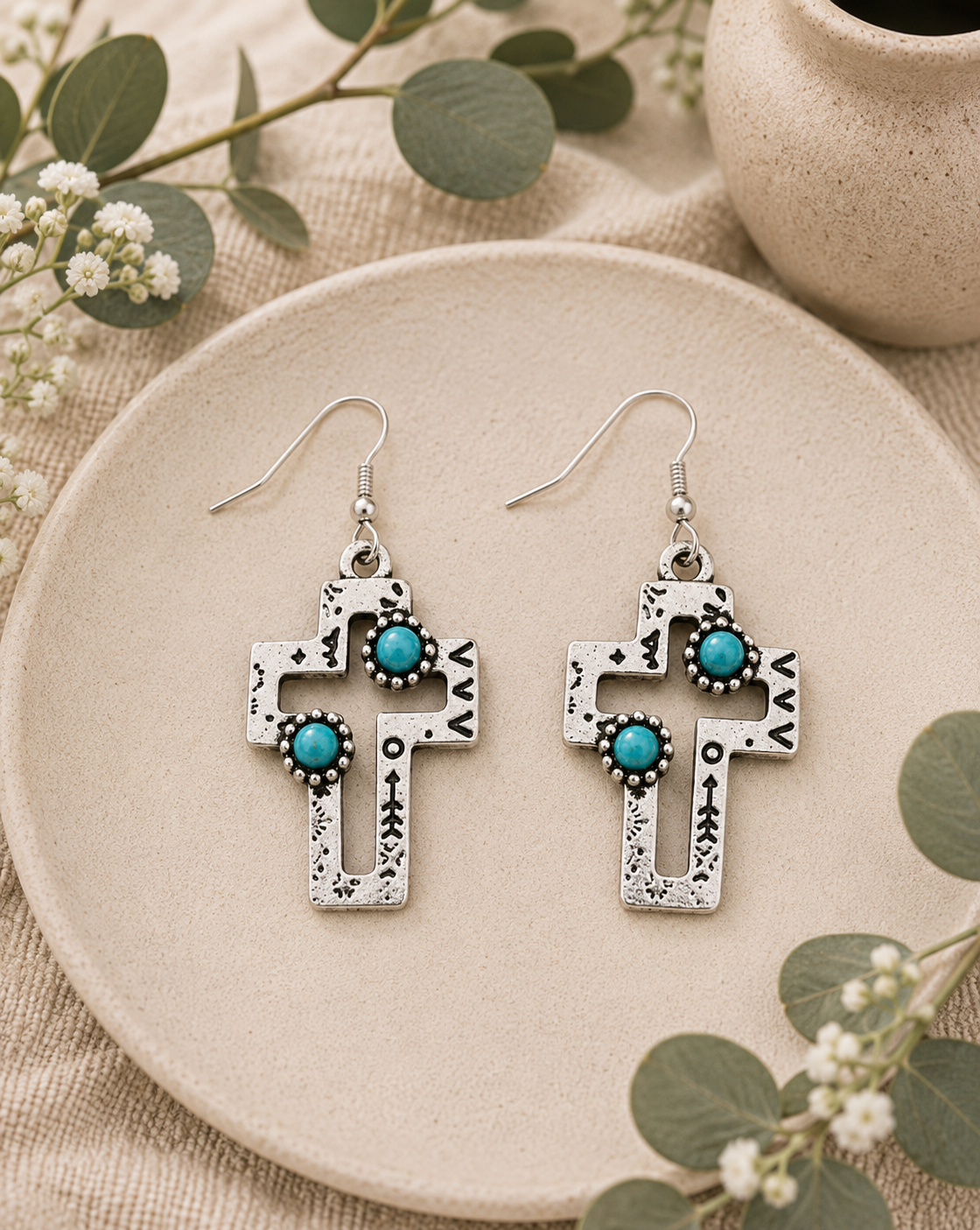 Earrings:  Open Turquoise Cross