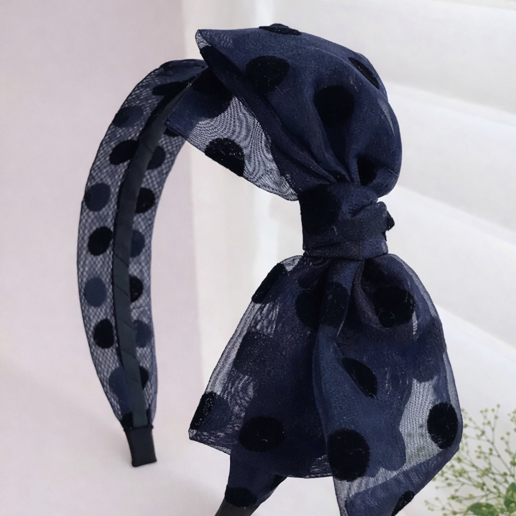 Headband: Sheer Navy Blue Polka Dot