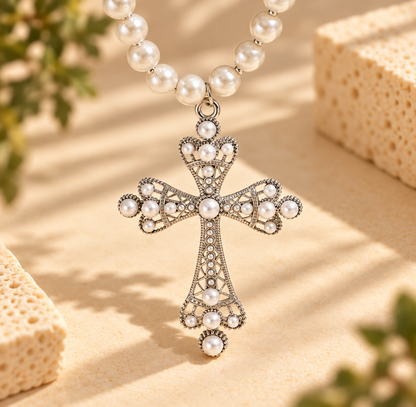 Necklace: Pearl Cross Statement