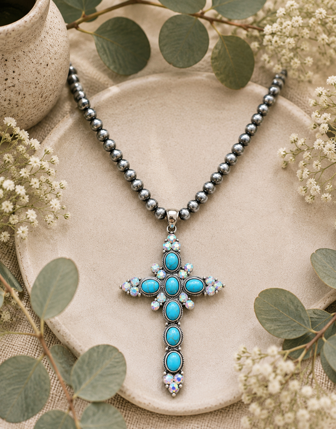 Necklace:  Large Faith and Turquoise Cross