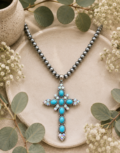 Necklace:  Large Faith and Turquoise Cross