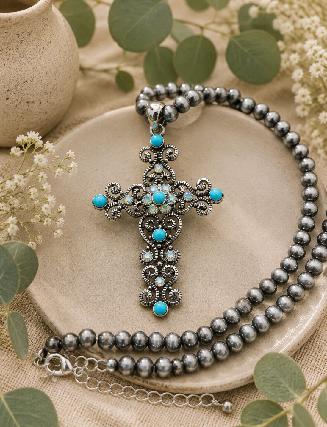 Necklace:  Large Faith and Turquoise Cross