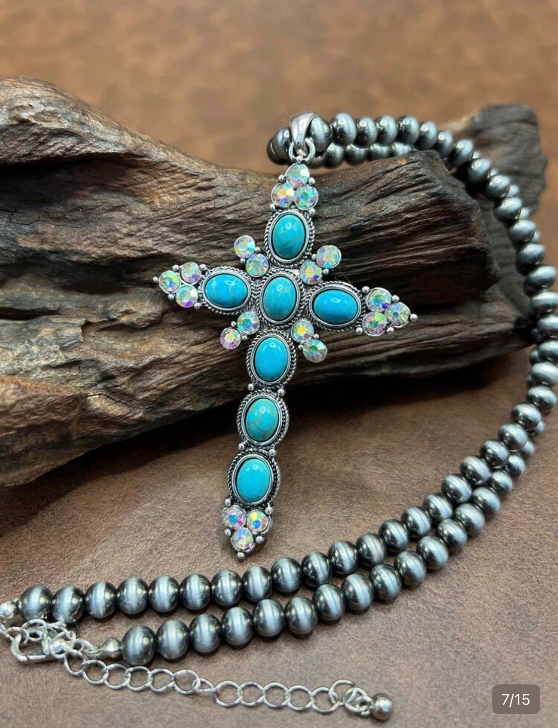 Necklace:  Large Faith and Turquoise Cross