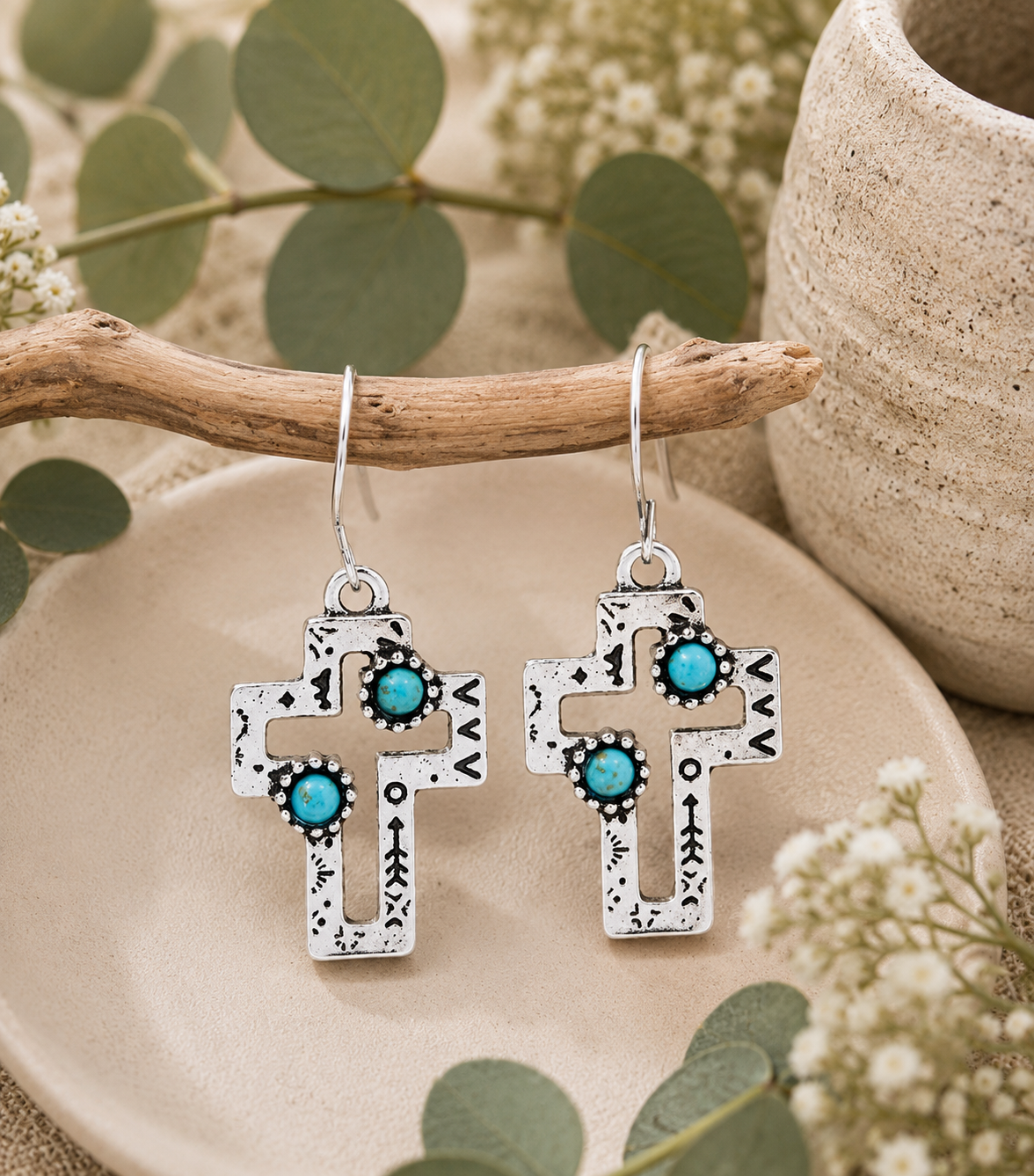 Earrings:  Open Turquoise Cross