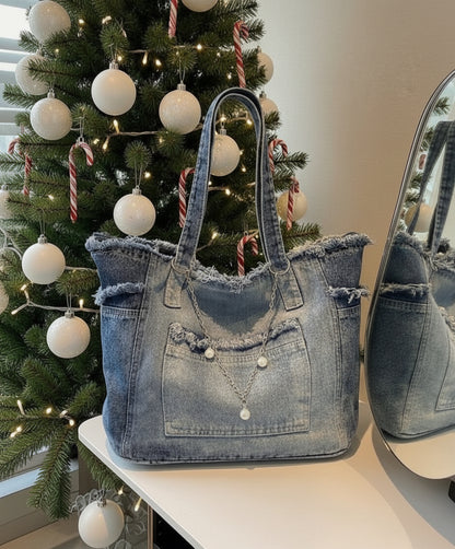 Tote:  Large Distressed Denim – Fashion Street Style with Chain & Pearls
