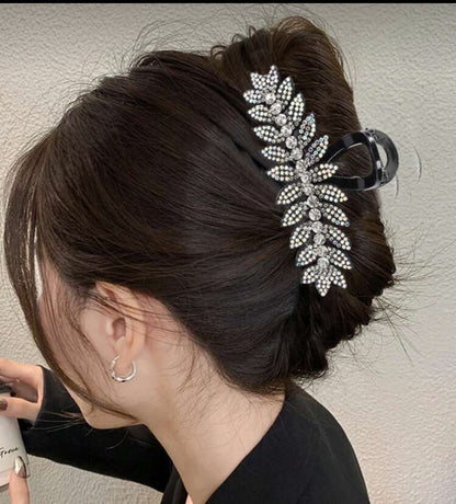 Claw Clip:  Rhinestone Leaf Bling