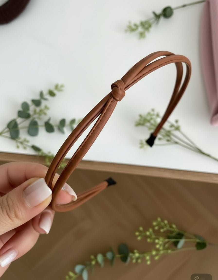 Dainty Thin Leather Knotted Headband – Various Neutral Colors