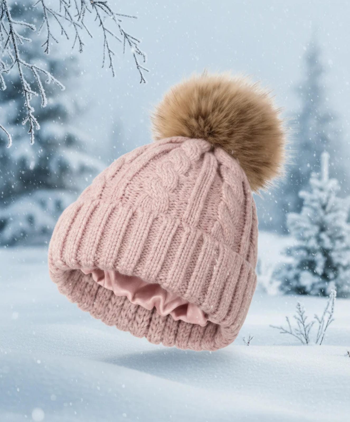 Silk Lined Beanie with Detachable Pom-Pom