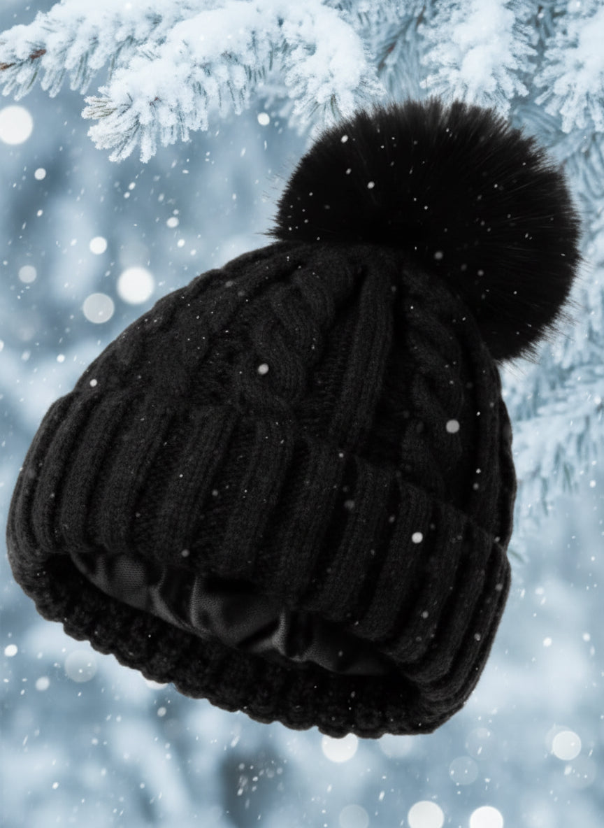 Silk Lined Beanie with Detachable Pom-Pom