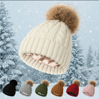 Beanie:  Silk Lined with Detachable Pom-Pom