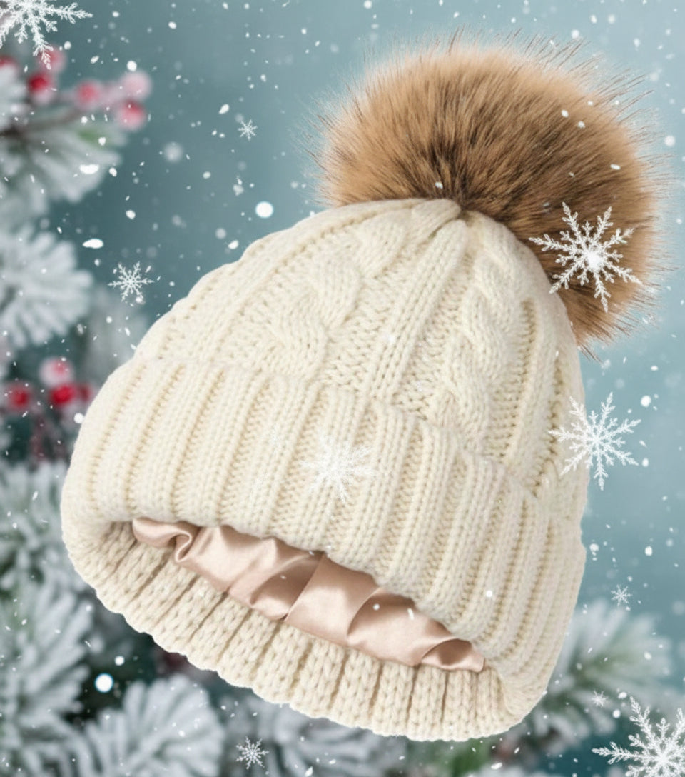 Silk Lined Beanie with Detachable Pom-Pom