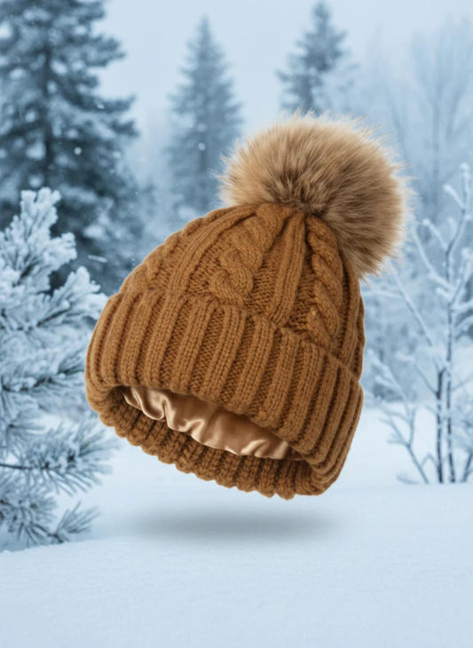 Silk Lined Beanie with Detachable Pom-Pom