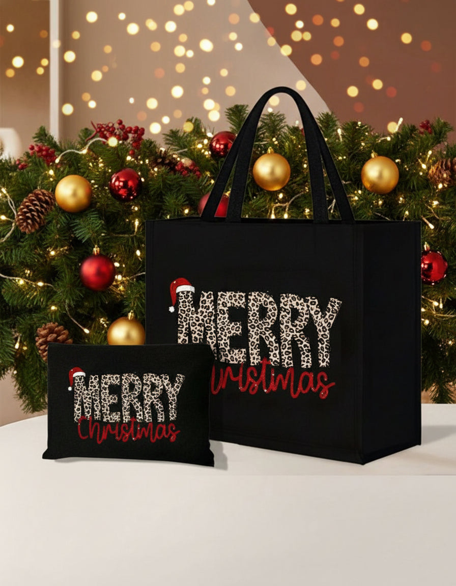 2-Piece Holiday Bag Set – “Merry Christmas” Tote + Zippered Pouch