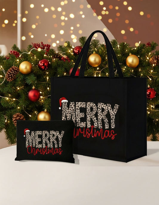 2-Piece Holiday Bag Set – “Merry Christmas” Tote + Zippered Pouch