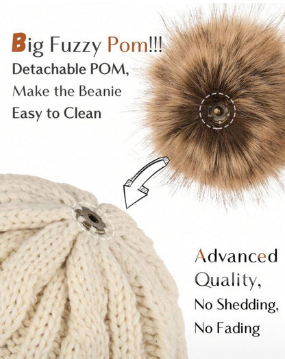 Beanie:  Silk Lined with Detachable Pom-Pom