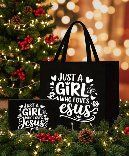 Tote:  Large Black Canvas- 2 Piece Set– “Just a Girl That Loves Jesus”