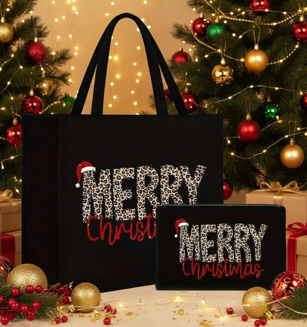 2-Piece Holiday Bag Set – “Merry Christmas” Tote + Zippered Pouch