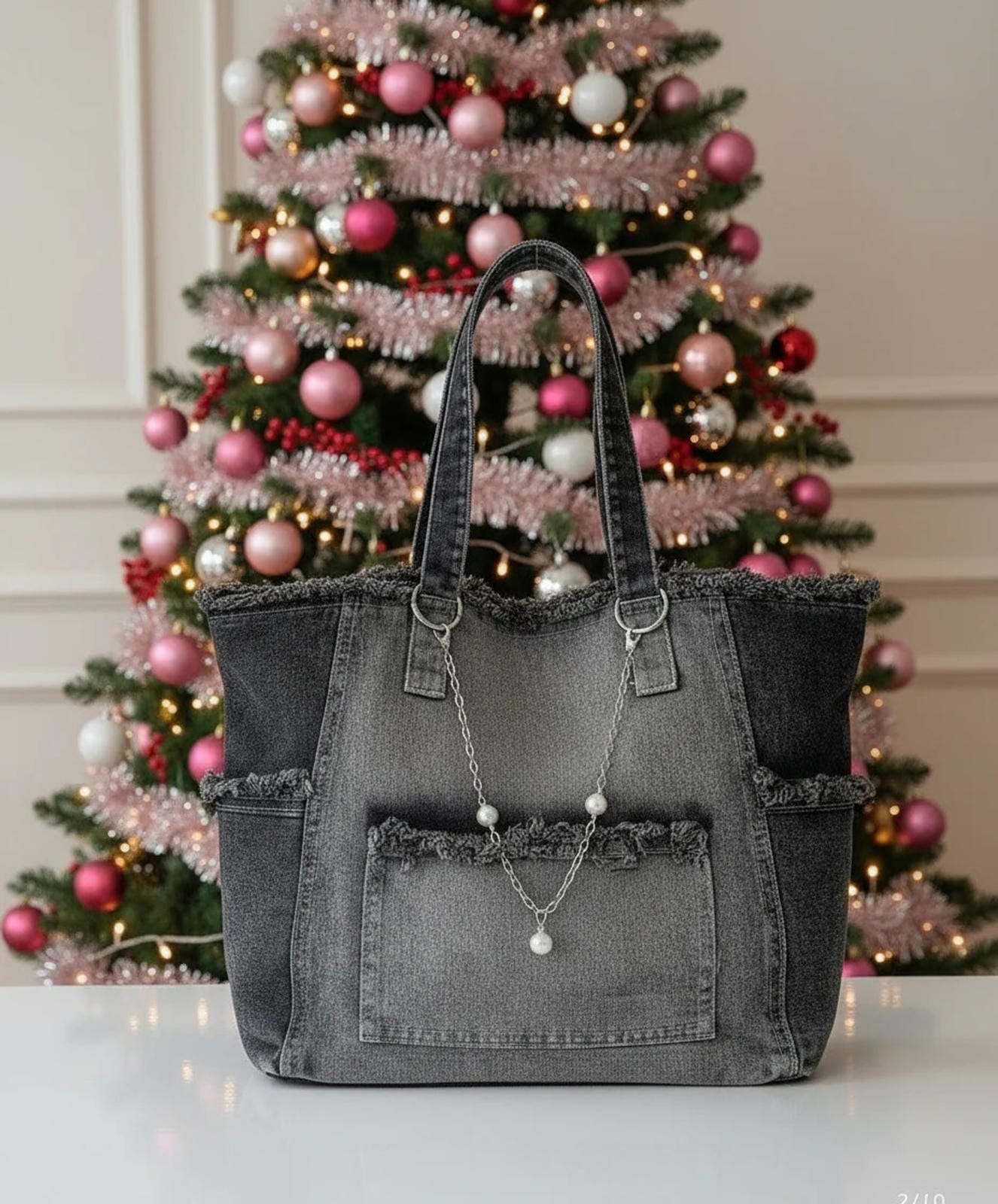 Large Distressed Denim Tote – Fashion Street Style with Chain & Pearls