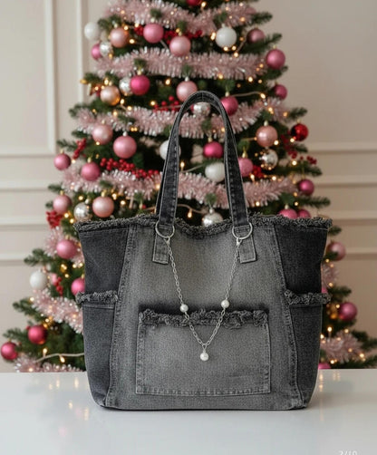 Tote:  Large Distressed Denim – Fashion Street Style with Chain & Pearls