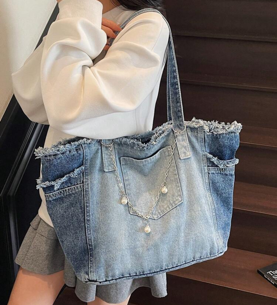 Large Distressed Denim Tote – Fashion Street Style with Chain & Pearls
