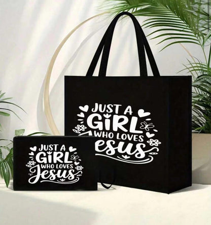 Tote:  Large Black Canvas- 2 Piece Set– “Just a Girl That Loves Jesus”