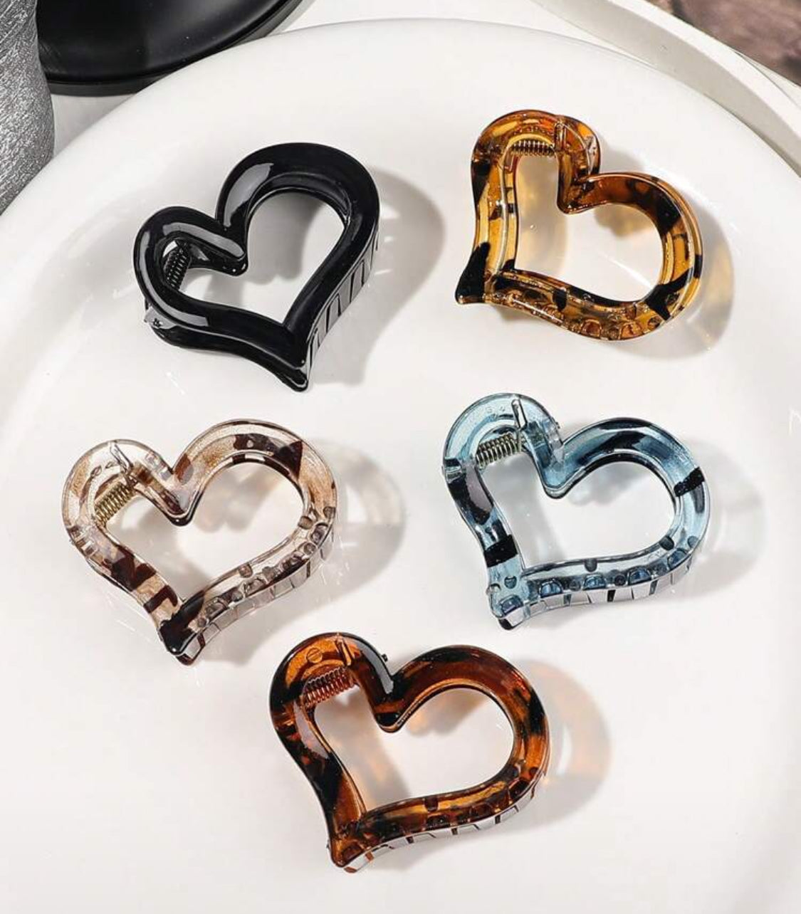 Claw Clips:  Heart Shaped Acrylic Animal Print -Set of 5
