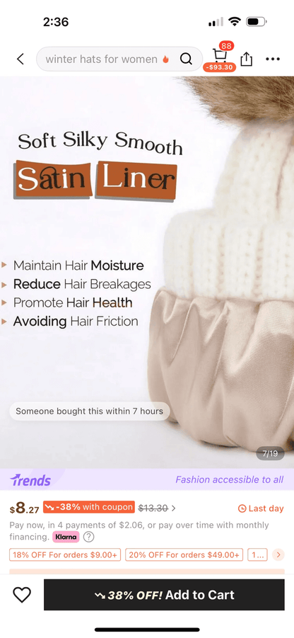 Beanie:  Silk Lined with Detachable Pom-Pom