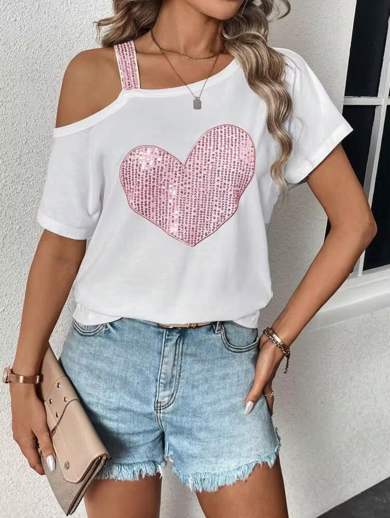 Gracefully Loved Pink Sequin Heart Shoulder Tee