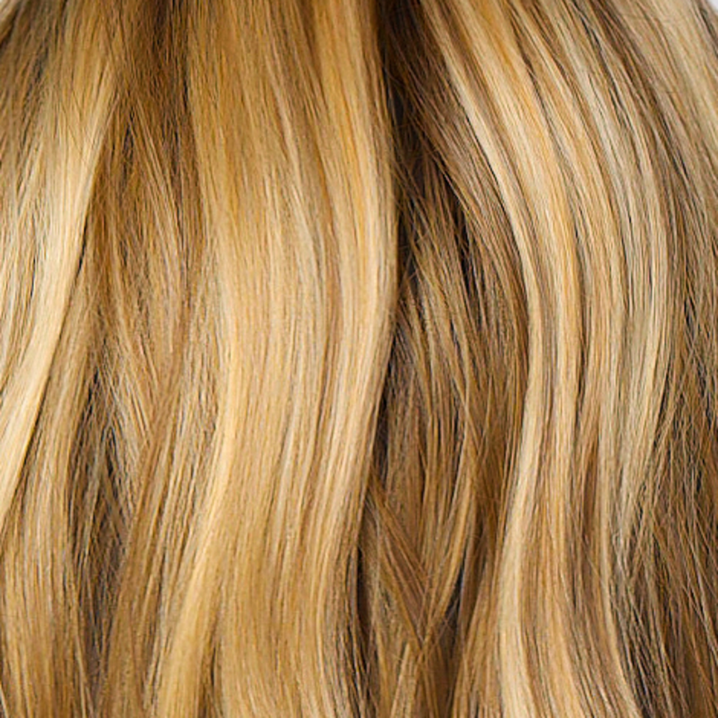 Bronzed Honey-R - A perfect blend of rich, warm golden blond and medium chocolate brown tones, complemented by a dark chocolate root that adds a luxurious, dimensional effect.