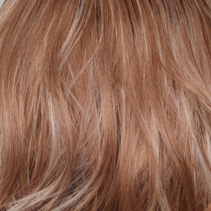 Cinnamon Frost-R  -  Warm, medium coppery-brown base with white-blond highlights. The medium brown root color adds a realistic vibe.   