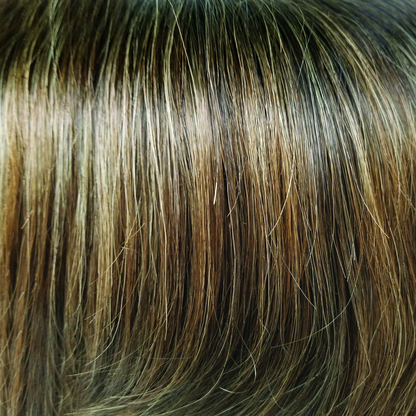 Kandy Brown-LR  -  A mixture of warm light brown and dark rich brown tones. It's natural long shadow roots compliment this trendy, realistic appearance.