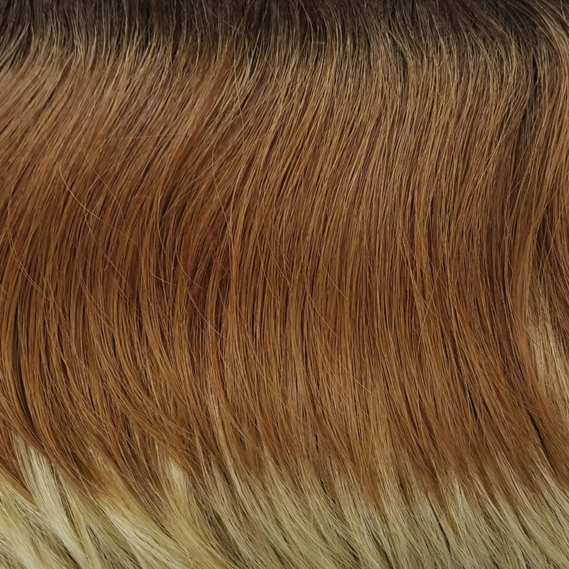 Melted Coconut  -  A dark rich brown root with soft golden medium brown at middle and warm white ends. A beautiful, but natural looking blend!