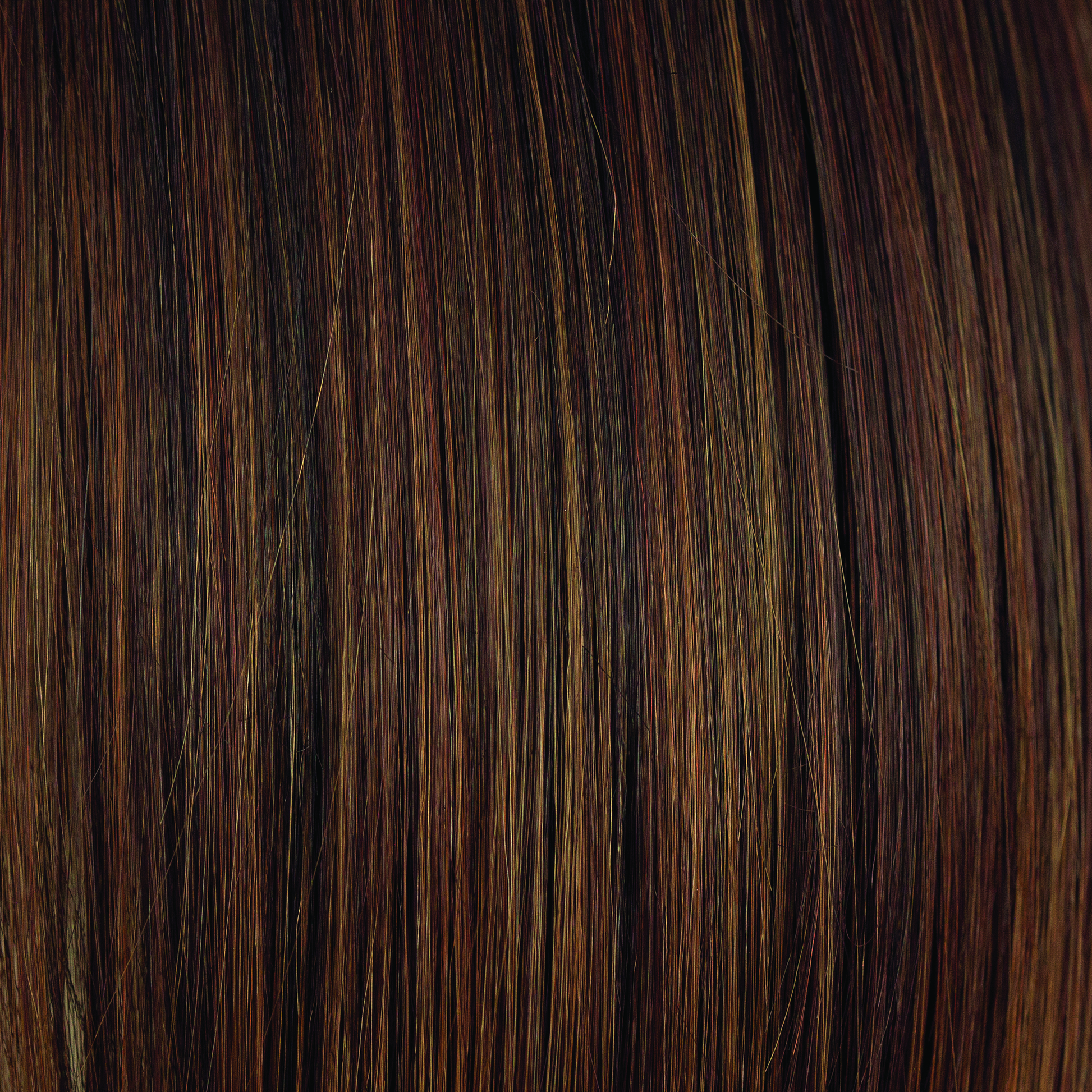 Rum Raisin  -  A blend of deep, dark, garnet brown base with an array of ribbon highlights, medium hazel blonds, and medium mahogany red browns.